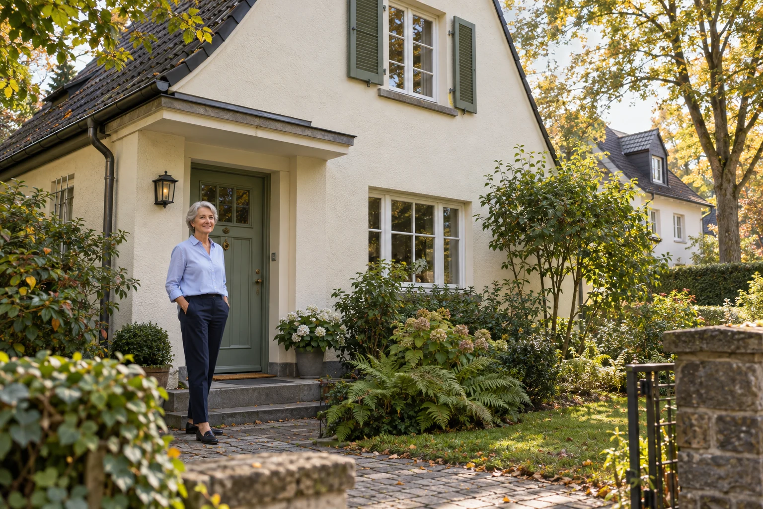 Ältere Eigentümerin steht vor einem gepflegten Haus mit begrüntem Eingang.