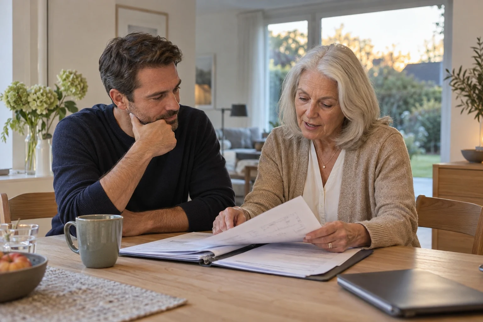 Eigentümerin und erwachsener Sohn besprechen gemeinsam Unterlagen am Esstisch.